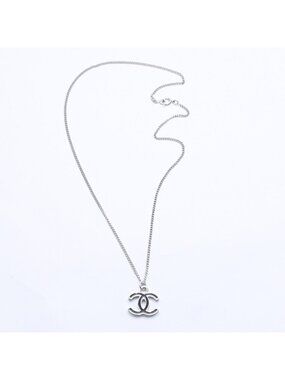 Chanel Necklace CC Logo Black Silver 05